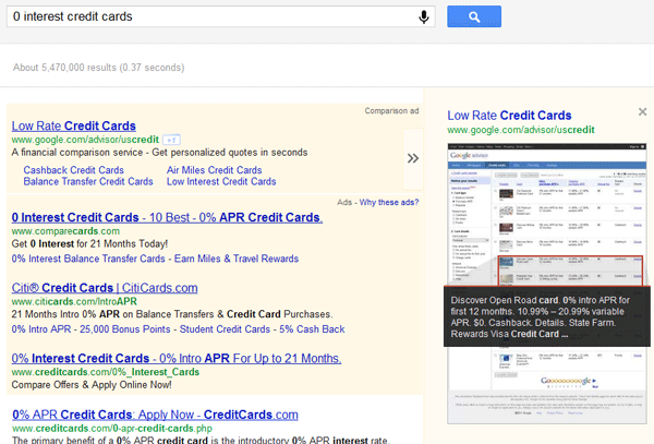 0% Interest Credit Cards SERPs