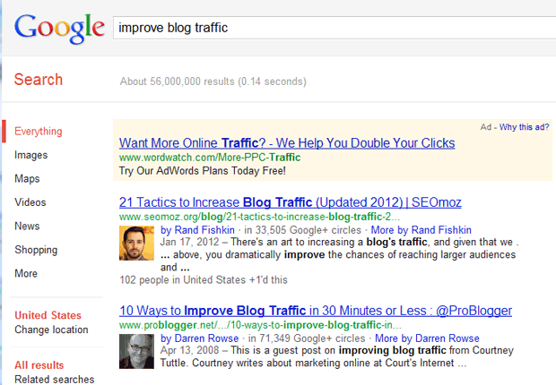 Google Search for "Improve Blog Traffic"