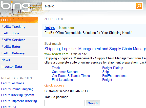 Bing Fedex SERPs