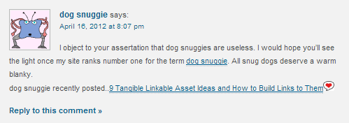 Bad comment link with "dog snuggie" text