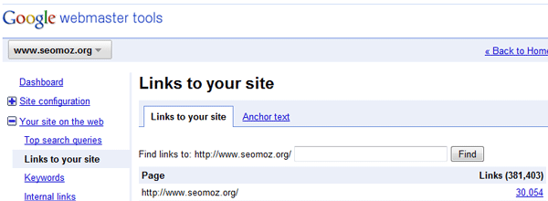 Google's Webmaster Tools Link Count for SEOmoz