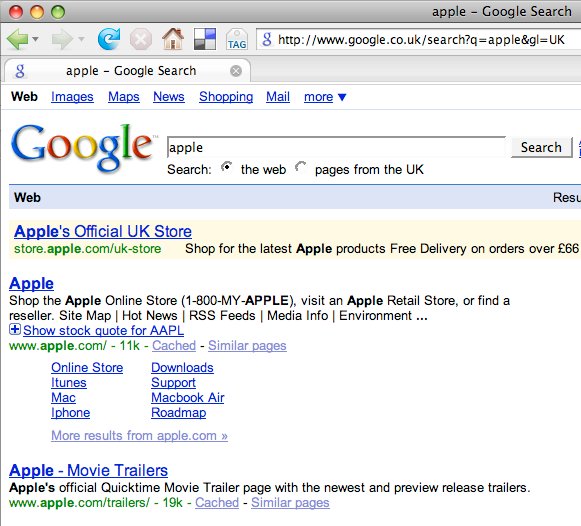 Google search results for apple with gl = uk