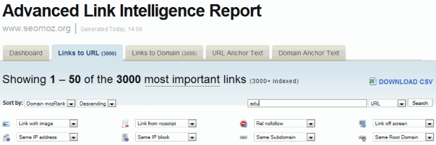 Linkscape Advanced Report Filtering on EDU sites