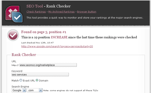 Rank Checker Tool Run on the SEOmoz Marketplace