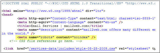 source code showing noindex
