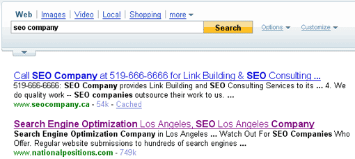 SEO Company SERPs at Yahoo!