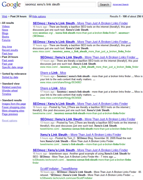 SEOmoz blog post search on Google in the past 24 hours