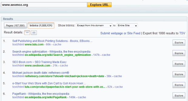 Yahoo Site Explorer