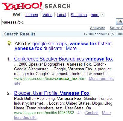 Yahoo! Search Results for Vanessa Fox