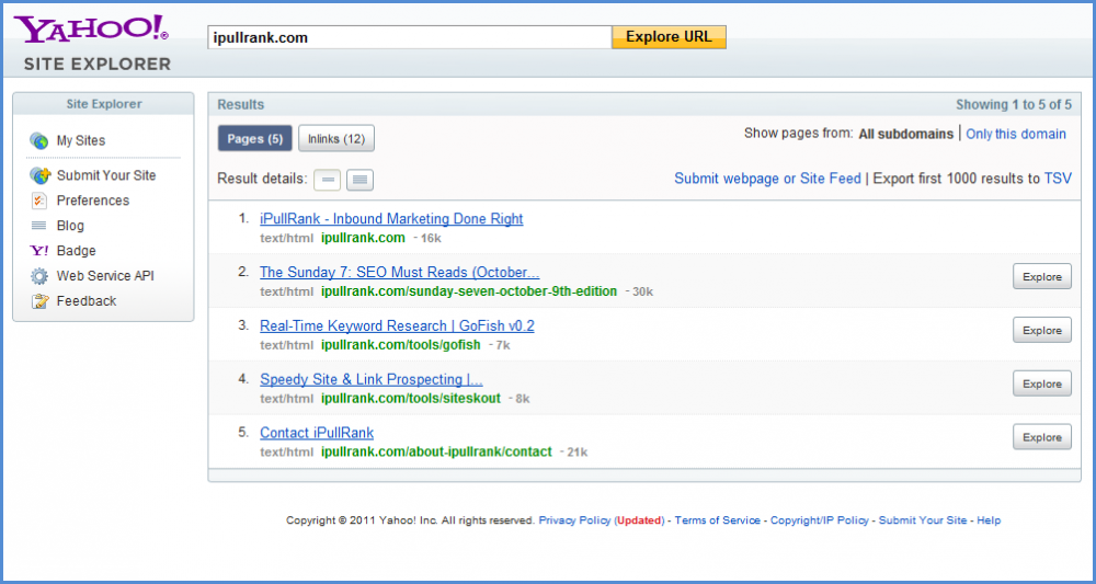 Yahoo Site Explorer Indexation Screenshot